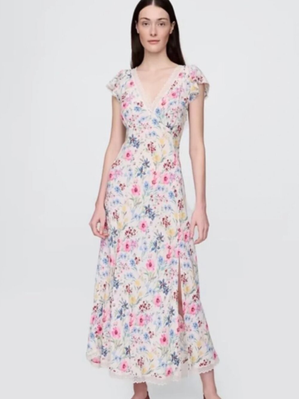 GAP Lace-Trim V-Neck Crepe Maxi Dress Multi Color Floral large